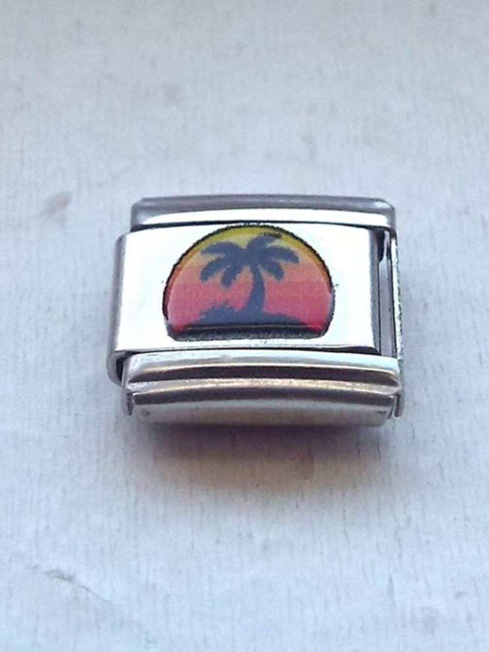 Enamel tropical palm tree at sunset 9mm stainless steel italian charm link new